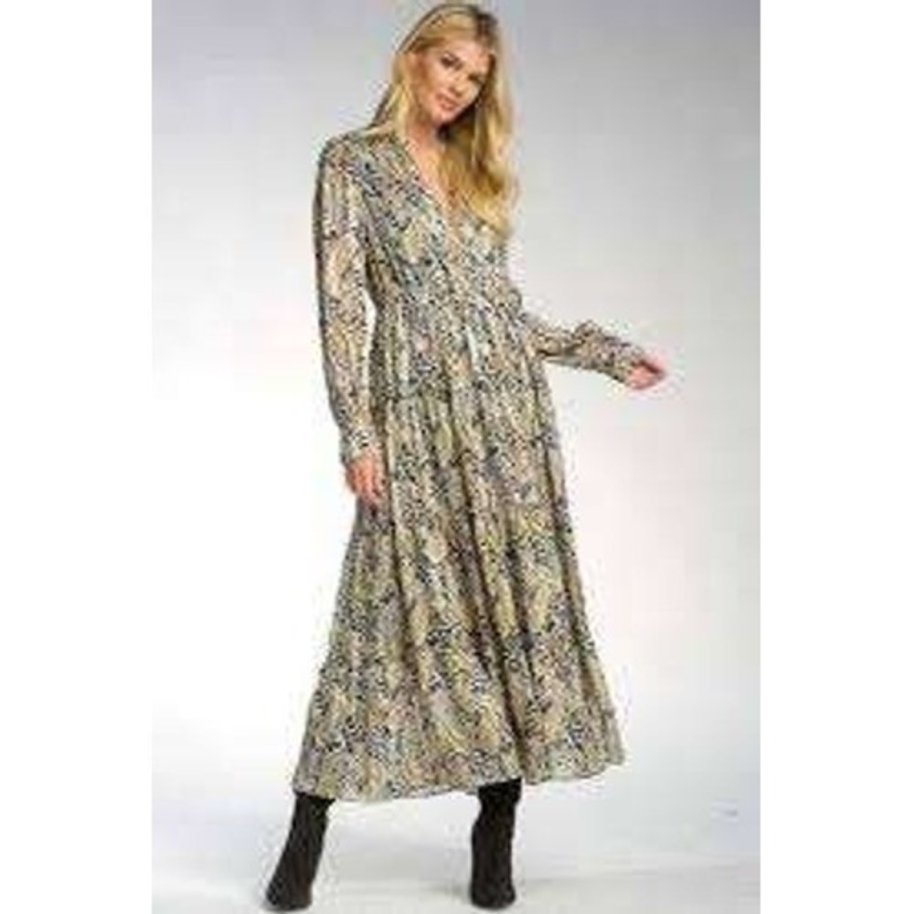 Elan Women Paisley Print Tiered Maxi Dress Black Gold Metallic Long Sleeve Small